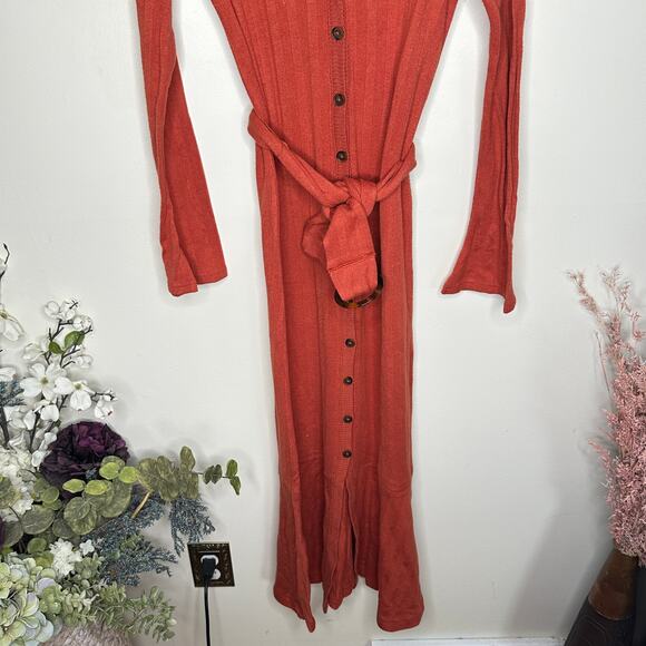 ANTHROPOLOGIE Elsa Rib Button Front Belt Maxi Sweater Dress Orange Sz XS {2C48} - Picture 4 of 8